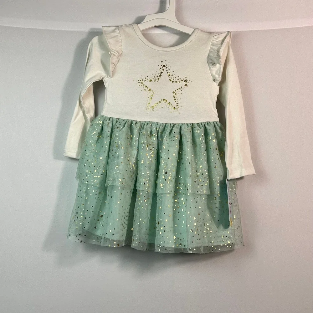Cat & Jack Girls 2T Cream Mint Green Gold Foil Star Tulle Tutu Dress NWT